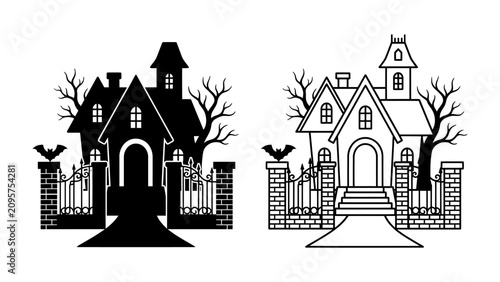 Canvastavla Spooky Haunted House Silhouettes: Two stylized haunted houses, one in solid black and the other in outline, stand as eerie sentinels, complete with bare trees, bats, and a formidable fence