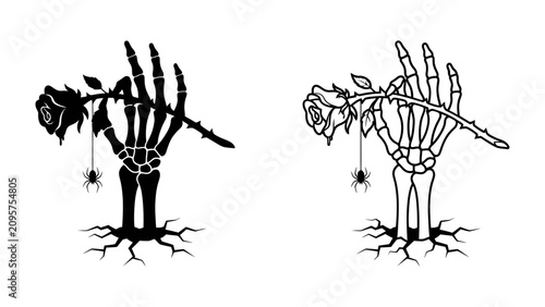 Schilderij op canvas Skeleton Hand with Rose and Spider: A striking visual of a skeletal hand emerging from cracked earth, tenderly holding a dark rose, with a small spider dangling nearby