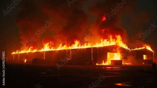 A warehouse burns at night over a huge area filled with smog.