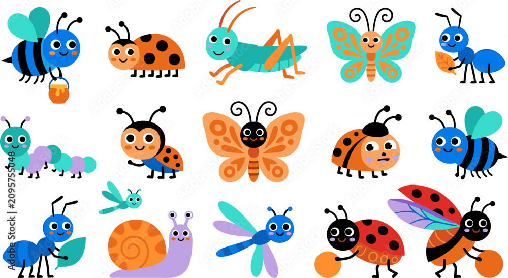 Fototapeta premium Cute insect vector illustration set featuring colorful cartoon bugs bees butterflies ladybugs grasshopper ants snail and dragonfly characters isolated on white background