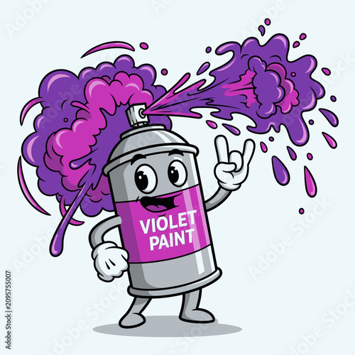 Violet Paint Spray Can Cartoon Character with Rock and Roll Hand Sign.
