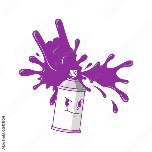 Purple paint splash with rock and roll hand gesture and spray can character.