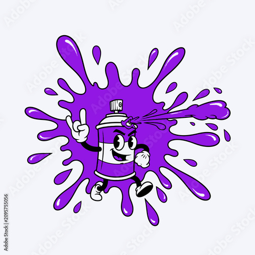 Purple Spray Can Cartoon Character Splashing Paint.