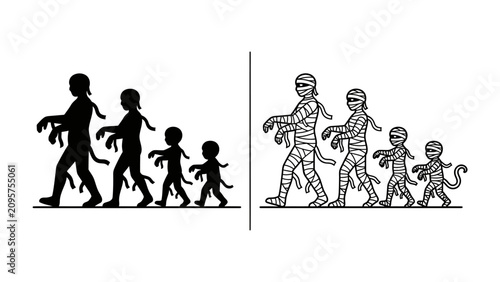 Photos Family of Mummies: A family of mummies, depicted in both silhouette and outline, walks in a single file line, symbolizing a spooky yet endearing family portrait for Halloween