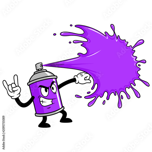 Purple Spray Can Mascot Character with Rock and Roll Hand Gesture.