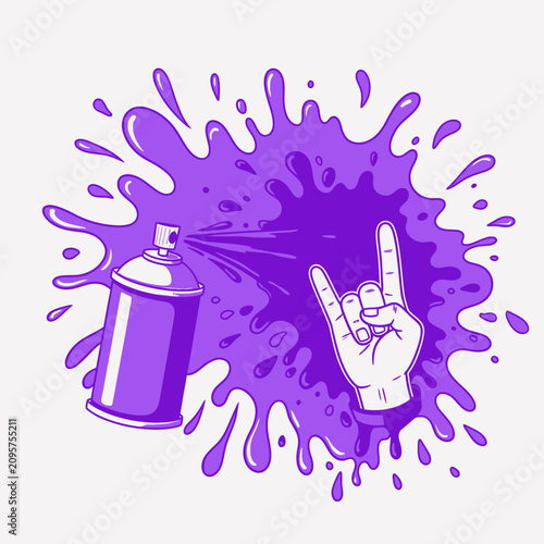 Spray paint can and rock and roll hand gesture with purple splash.