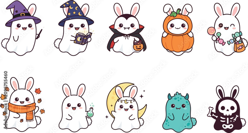 Obraz premium Cute Halloween Bunny Ghost Character Collection Illustration