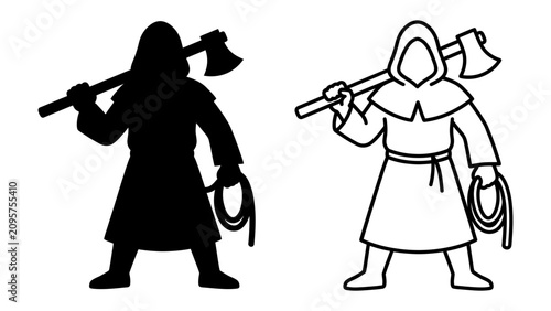 Slika na platnu Executioner Icon: A stark representation of a hooded executioner, holding an axe and a whip, symbolizing authority and justice