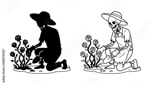 Fotografie Gardener Skeleton Illustration: A skeleton dressed as a gardener, wearing a hat and apron, kneels to tend to rose bushes, with a trowel in hand, shown in both silhouette and line art