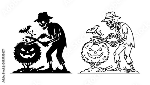 Cuadro en lienzo Skeleton gardener carving pumpkin