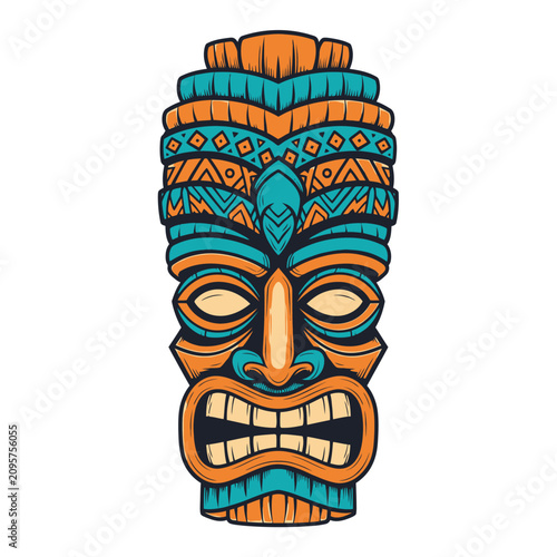 Colorful Traditional Tiki Mask with Intricate Carvings and Tribal Patterns.