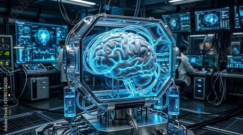 Futuristic holographic projection in modern tech facility.