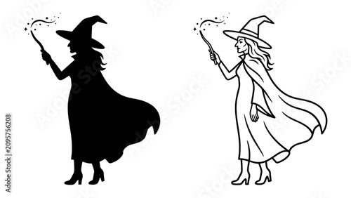 Foto Witch with Wand and Hat: A magical witch with a pointed hat and flowing cloak holds a wand, casting a spell with sparkling light