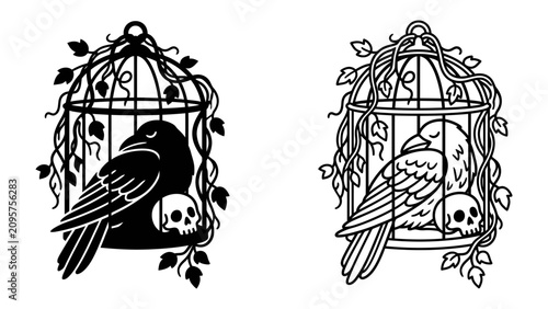 Cuadro en lienzo Raven and Dove in Caged Garden: A stark silhouette of a raven and a detailed illustration of a dove sit within an ornate, vine-covered birdcage, perched beside a small skull