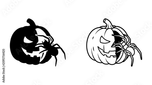 Konstfotografi Halloween Symbols: A spooky combination of a carved pumpkin with a creepy spider, presented in both a silhouette and a line drawing, ready to bring a touch of horror to your holiday designs