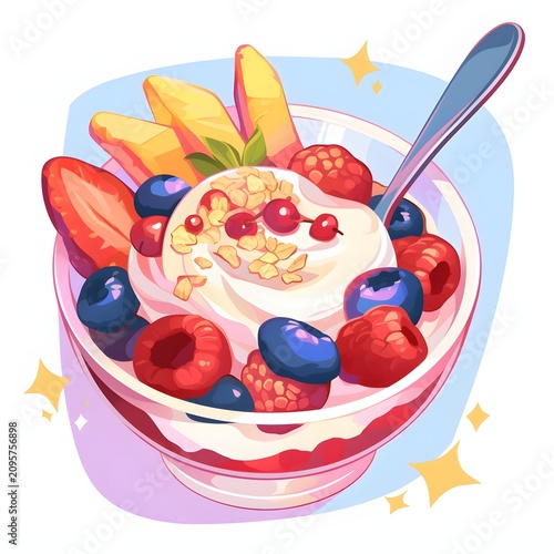 Healthy Berry Yogurt Parfait With Granola Cute Anime Dessert Bowl