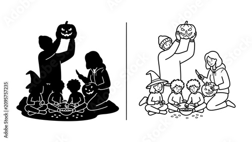 Tableau sur toile Carving Memories: A family gathers together to carve pumpkins, celebrating the spirit of Halloween with festive spirit and creating cherished memories