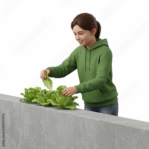 Young Girl Harvesting Fresh Green Lettuce from a Garden Planter