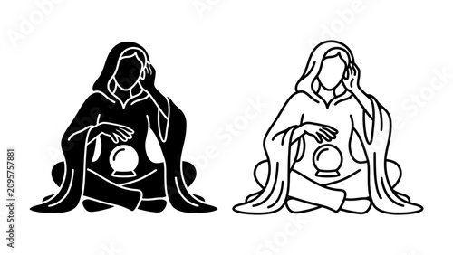 Cuadro en lienzo Mystic Seer: A stylized illustration depicts a figure in a hooded robe, seated in a meditative pose with a crystal ball on their lap, symbolizing fortune telling and spiritual insight