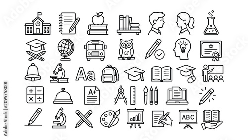 Collection of various educational icons and symbols used in learning and teaching environments online