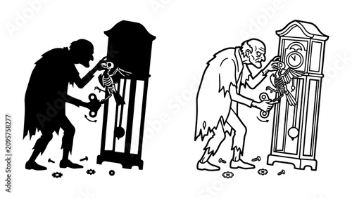 Photos Creepy Clockmaker Silhouette: A sinister figure, depicted in both silhouette and line art, manipulates a grandfather clock