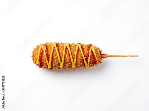 Korean-style fried corndog with mustard and ketchup