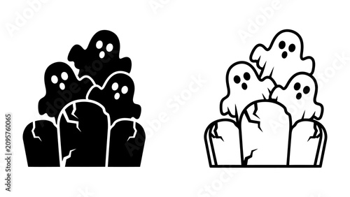 Cuadro en lienzo Spooky Gathering: A trio of playful ghosts emerges from behind cracked tombstones in a dark, ominous scene