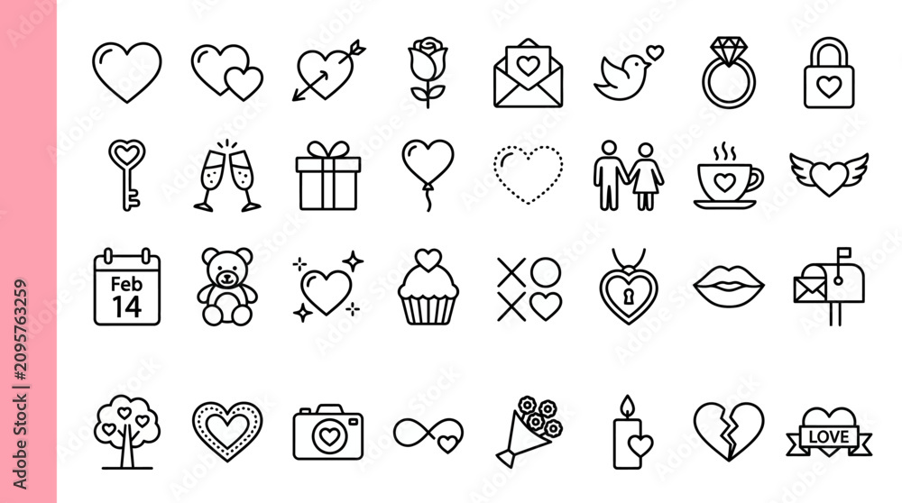 Fototapeta premium Valentine's Day line icons set, romantic wedding symbols and love heart vector elements, 32 black outline icons for marriage and dating