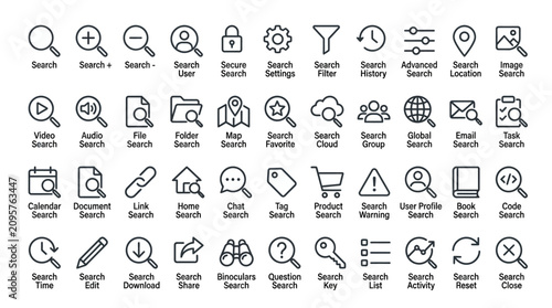 Minimalist search icon set, 40 line style magnifying glass icons for web and app interfaces, black outline search engine optimization vector collection