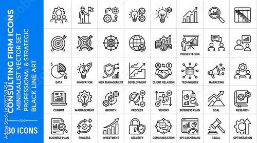 Consulting firm icons, 30 minimalist vector set of professional and strategic black line art, business management and corporate growth symbols