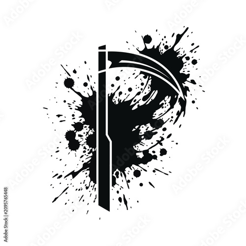 Tableau sur toile Grim reaper scythe stylized symbol, black ink splatter effect, danger and death