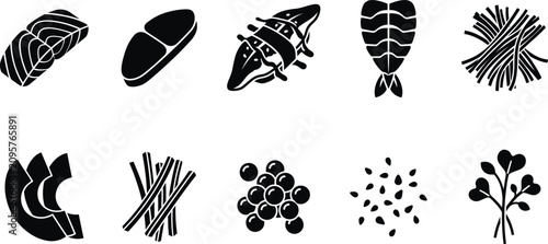 Sushi Toppings Black Silhouette Icon Set Salmon Tuna Shrimp Eel

