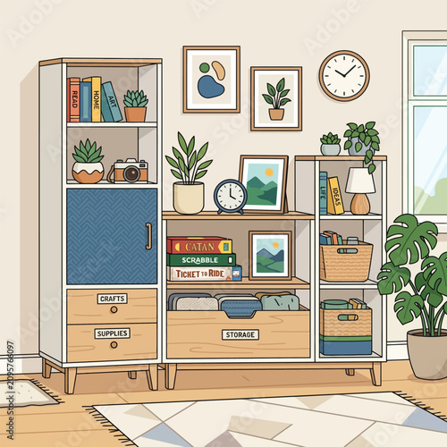 Modern Home Office Workspace with Bookshelf and Storage Cabinet