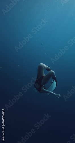 Woman freediver gracefully swims underwater with fins in blue deep ocean, vertical screen