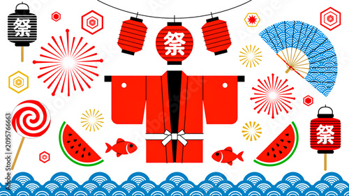 A vibrant flat illustration of a Japanese festival with kimono decorations fireworks fans and sweets