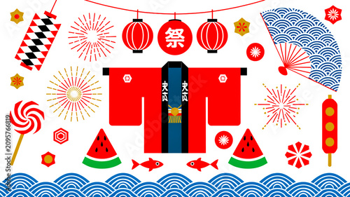 Vibrant flat lay of a Japanese summer festival with traditional clothing and food
