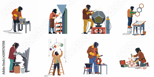 Flat vector illustrations of diverse professional welders and metal artisans working on creative sculptures and industrial projects in their workshops.