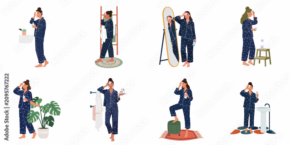 Obraz premium Collection of illustrations showing a woman in starry blue pajamas performing her daily skincare routine using cotton pads and various beauty products.