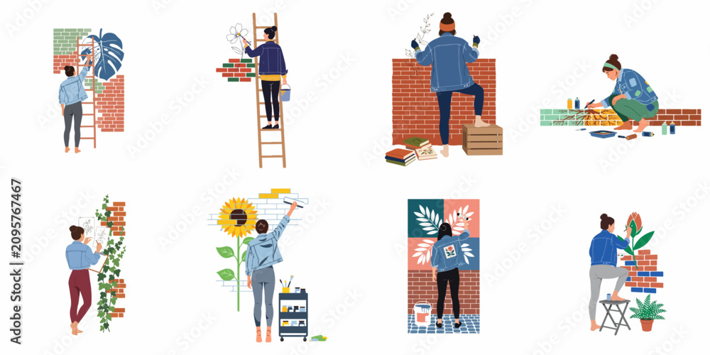 Fototapeta premium Set of flat vector illustrations featuring a female artist painting various botanical and floral murals on brick walls.