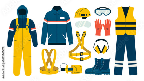 An illustration of industrial safety gear and equipment laid out