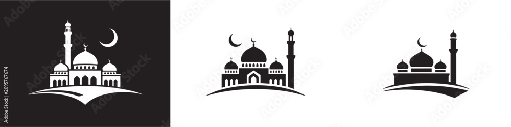 Fototapeta premium Mosque vector icon set with minaret and crescent moon for Islamic holidays and religious design