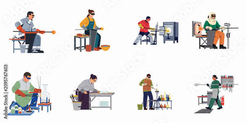 Fotografía Set of Flat Vector Illustrations Depicting Professional Glassblowers Working in