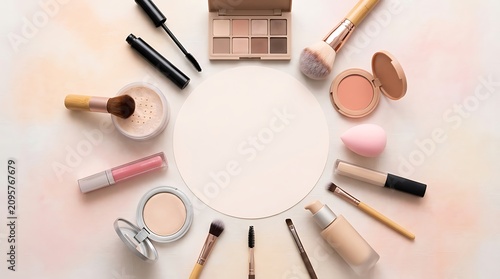 Set of professional makeup brushes and cosmetic products arranged in a circle. beginner makeup guide