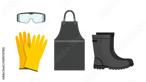 A flat lay illustration of safety gear including gloves, goggles, apron, and boot