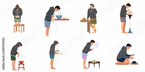 Canvastavla Set of illustrations featuring a man in a hoodie inhaling steam from a hot bowl, representing home remedies and health wellness concepts