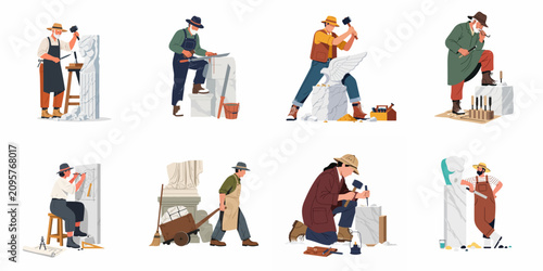 Photos Collection of diverse sculptors and stone carvers working on various marble statues and stone carvings with traditional tools, isolated on white background
