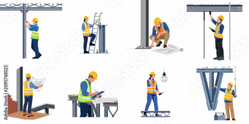 Collection of professional construction workers and engineers in safety gear performing various on-site building tasks and structural inspections, vector illustration.