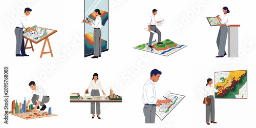 Canvastavla Set of flat illustrations featuring professional architects and urban planners working on city development, mapping projects, and architectural scale models