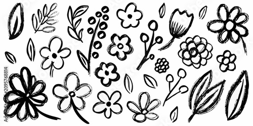 Bild auf Leinwand Floral ornament collection black and white brushstroke vector illustration