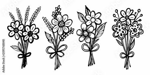 Картината върху платно Hand Drawn Floral Bouquets Black And White Vector Illustration